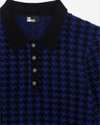 Blue wool blend houndstooth polo neck sweater