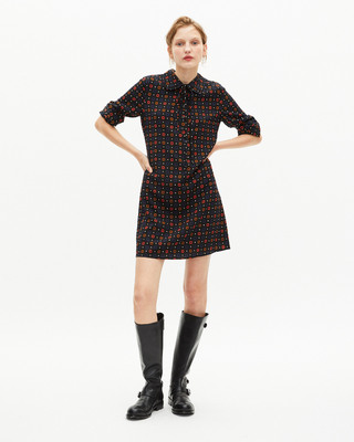 Black silk blend polka dot and floral print short dress
