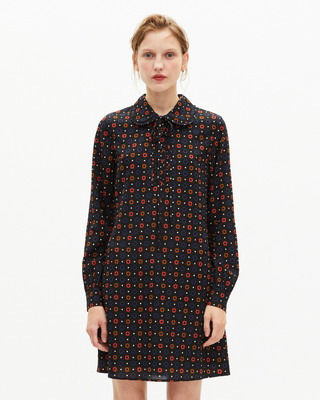 Black silk blend polka dot and floral print short dress