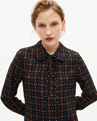 Black silk blend polka dot and floral print short dress