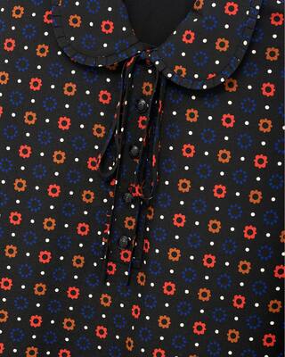 Black silk blend polka dot and floral print short dress