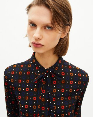 Black silk blend polka dot and floral print shirt