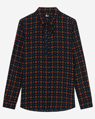 Black silk blend polka dot and floral print shirt