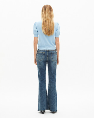 Blue cotton blend lavalli&egrave;re neck sweater