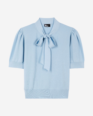 Blue cotton blend lavalli&egrave;re neck sweater