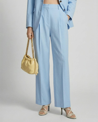 Wide-leg tailored pants in pastel blue linen and cotton