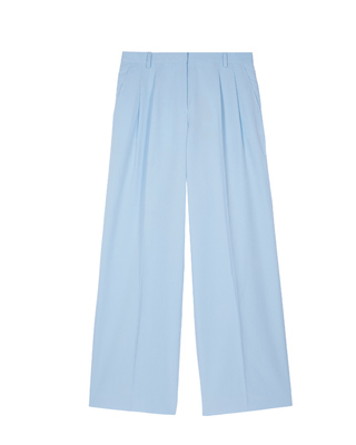 Wide-leg tailored pants in pastel blue linen and cotton