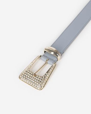Blue leather western buckle belt in gold with rhinestones