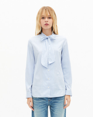 Blue striped cotton blend shirt with lavaliere collar