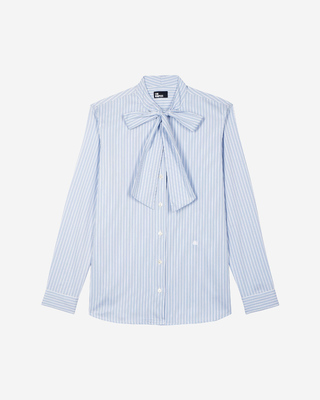 Blue striped cotton blend shirt with lavaliere collar