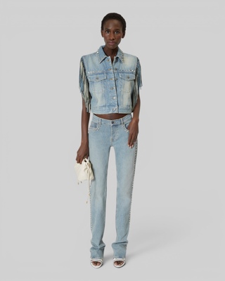 Blue denim jacket with bangs and studs