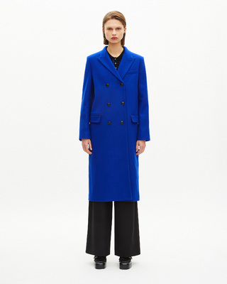 Long electric blue wool double-breasted coat