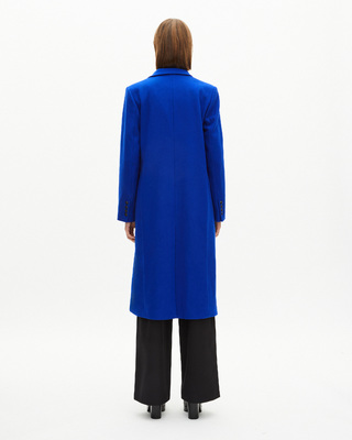 Long electric blue wool double-breasted coat