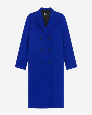 Long electric blue wool double-breasted coat
