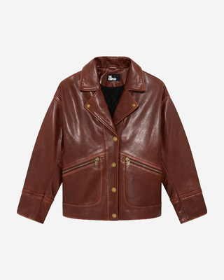 Loose-fitting brown leather jacket