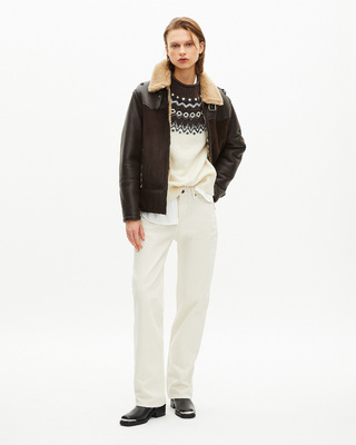 Short sheepskin with brown sherpa collar