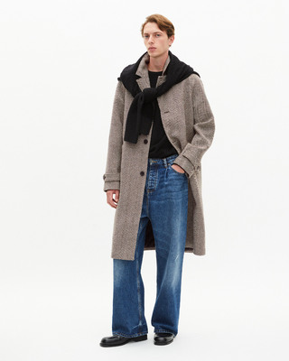 Long brown wool herringbone coat