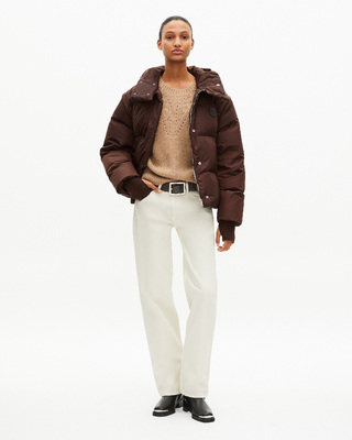 Brown down jacket with removable sleeves