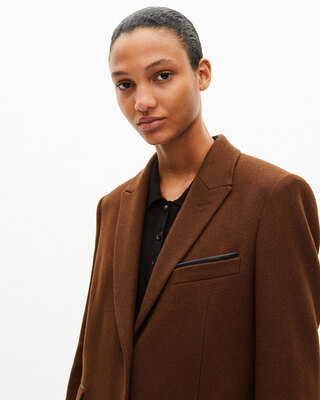Long wool coat with brown leather details