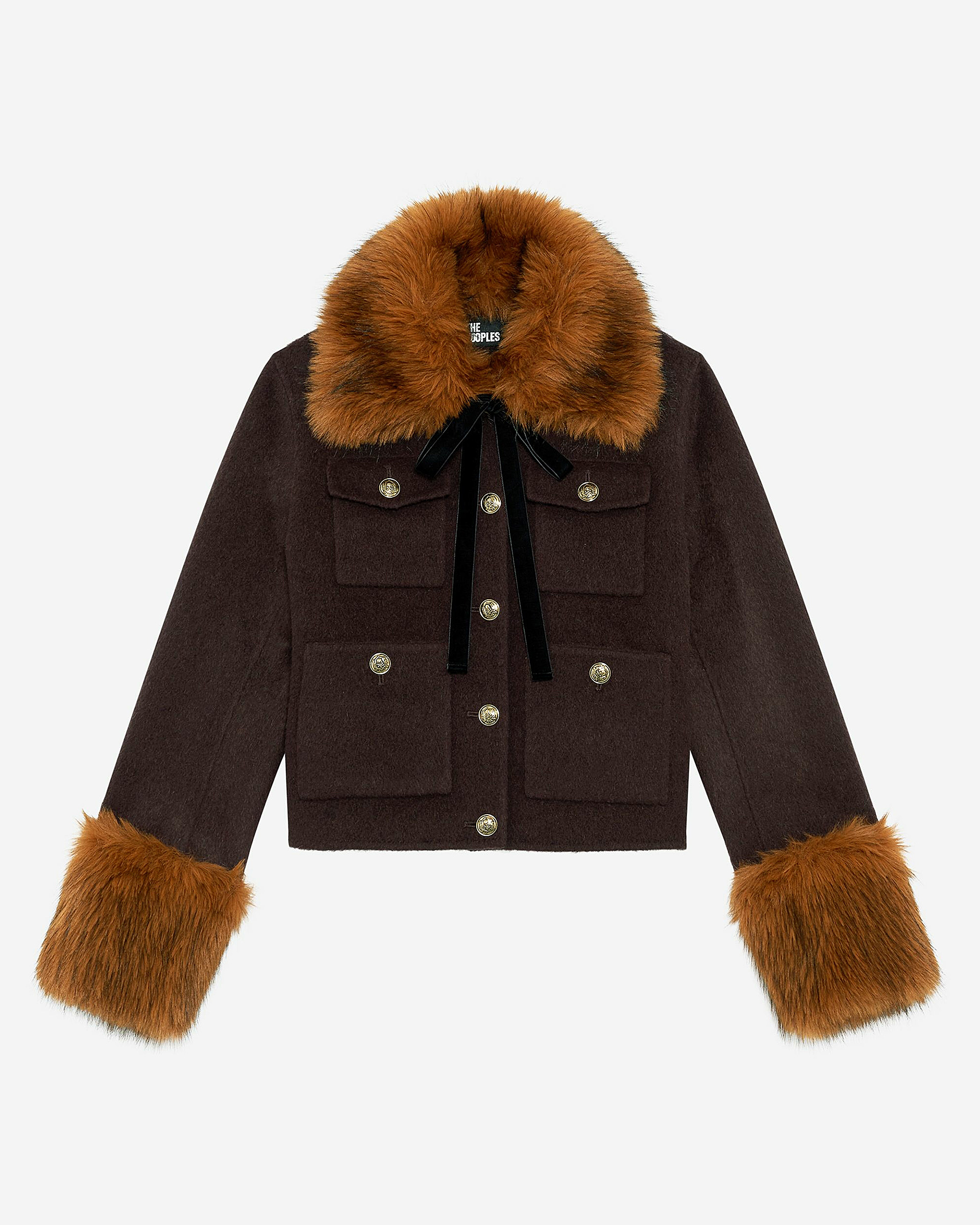 Brown short wool jacket with sherpa collar