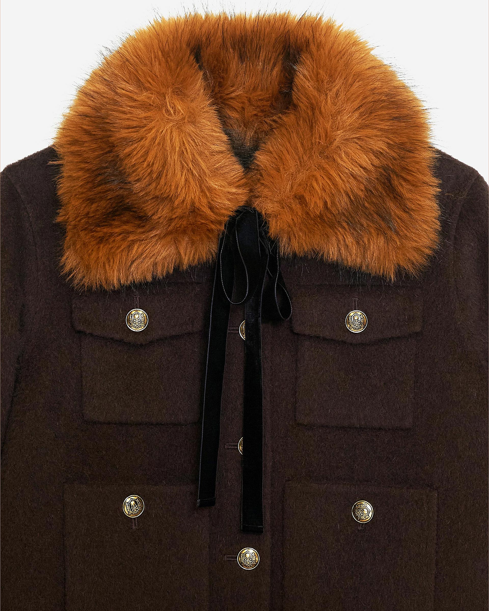 Brown short wool jacket with sherpa collar