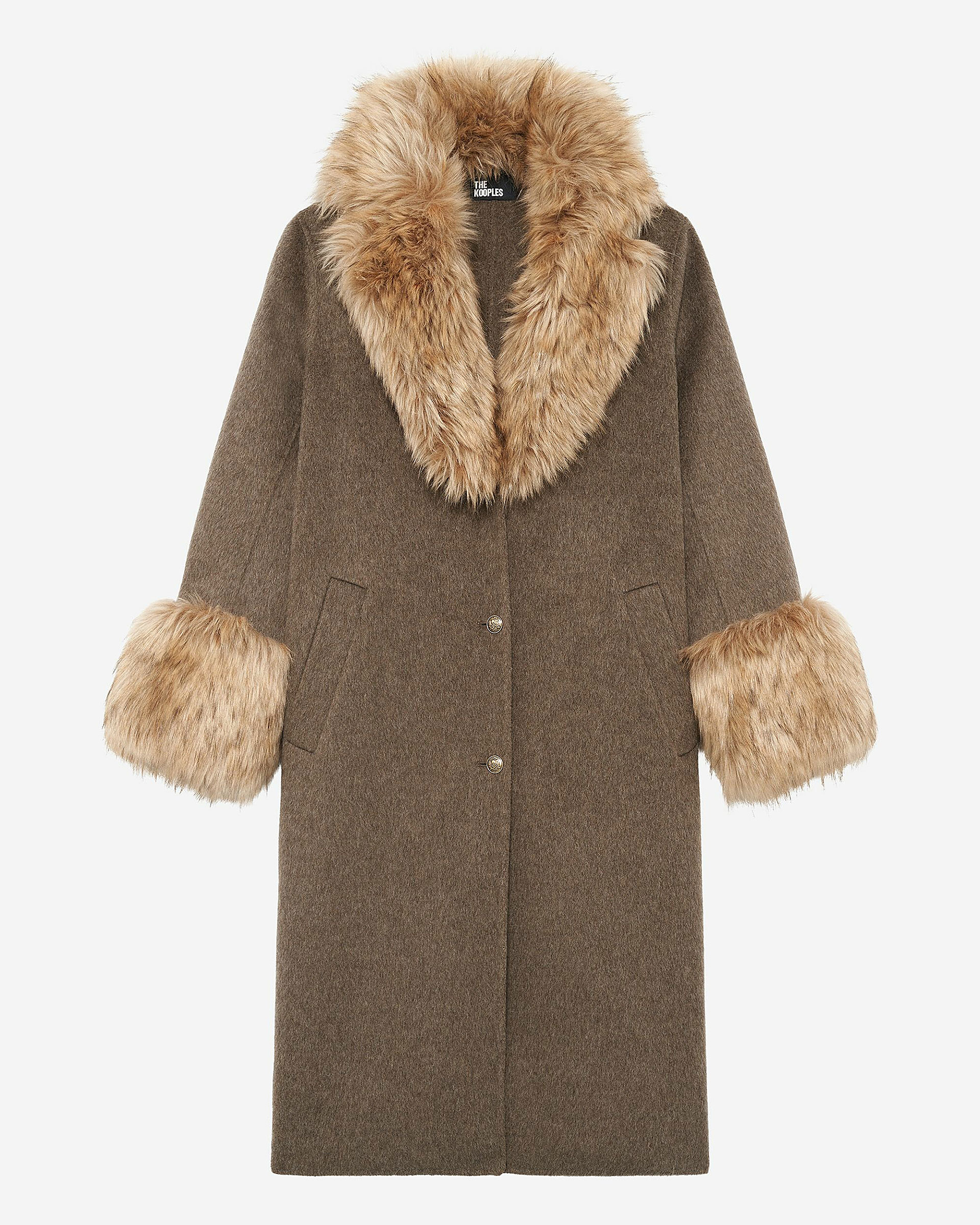Long coat in double-faced wool and brown fur