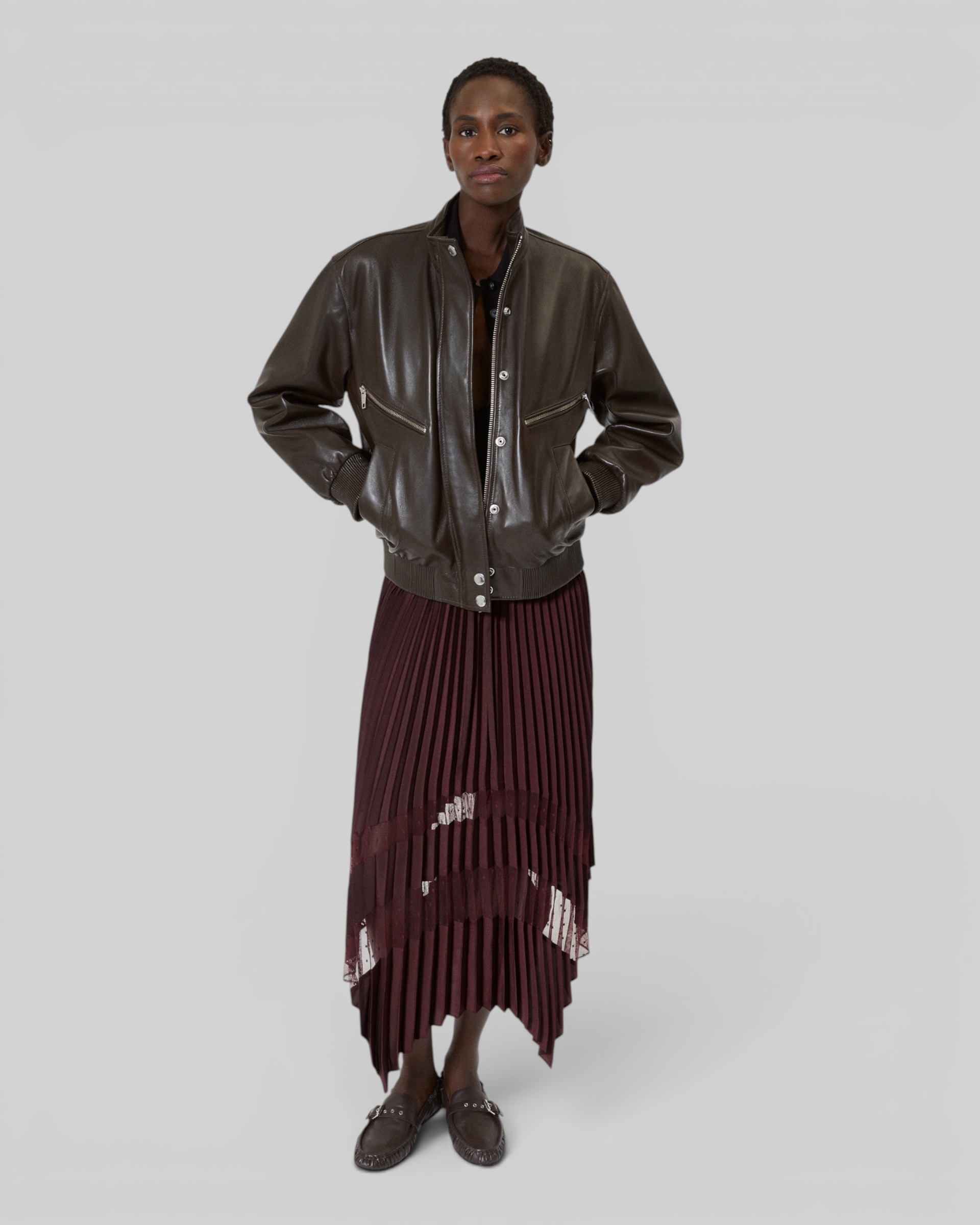 Long burgundy pleated skirt