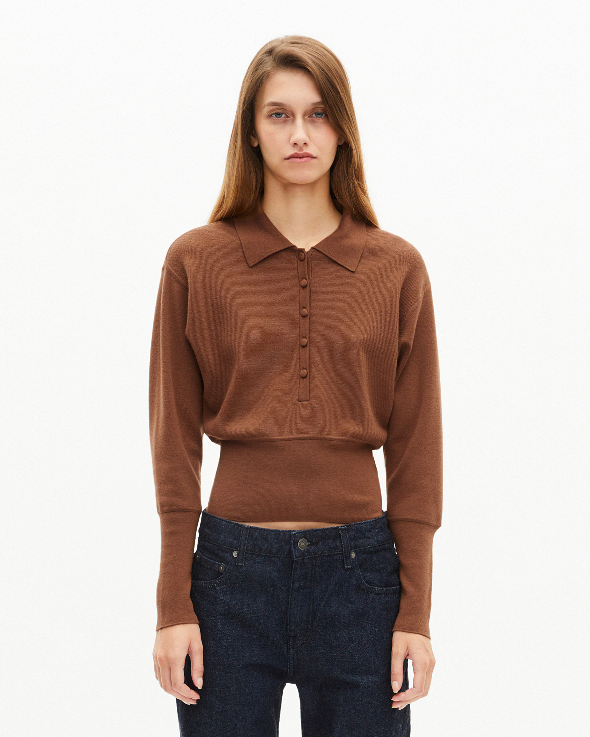 Camel merino wool blend polo-neck sweater