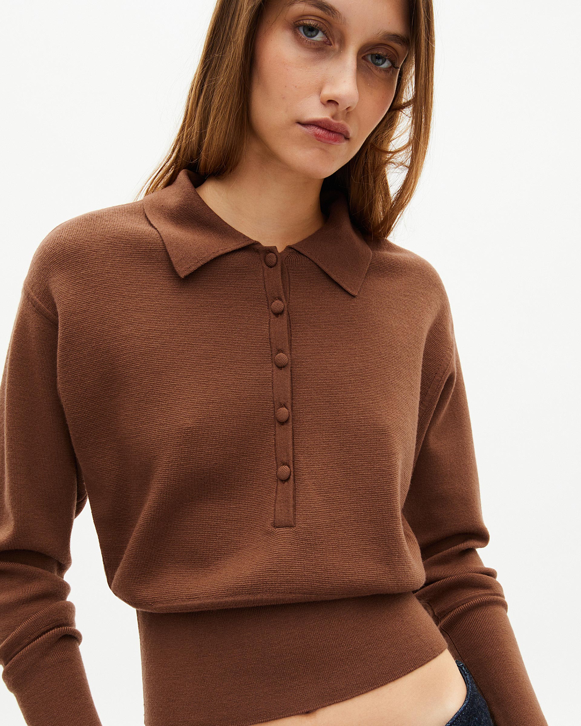Camel merino wool blend polo-neck sweater