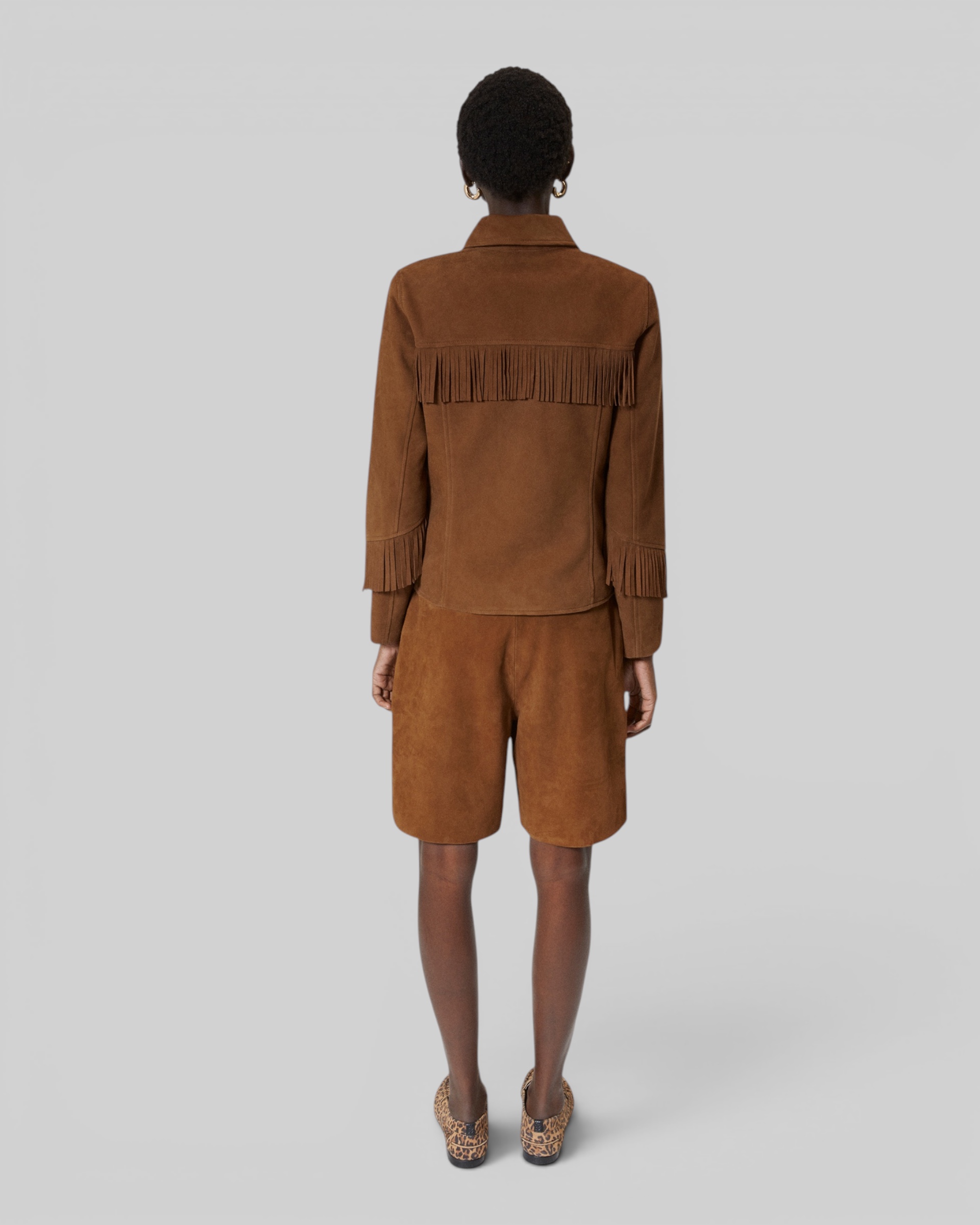 Suede leather jacket with camel fringe