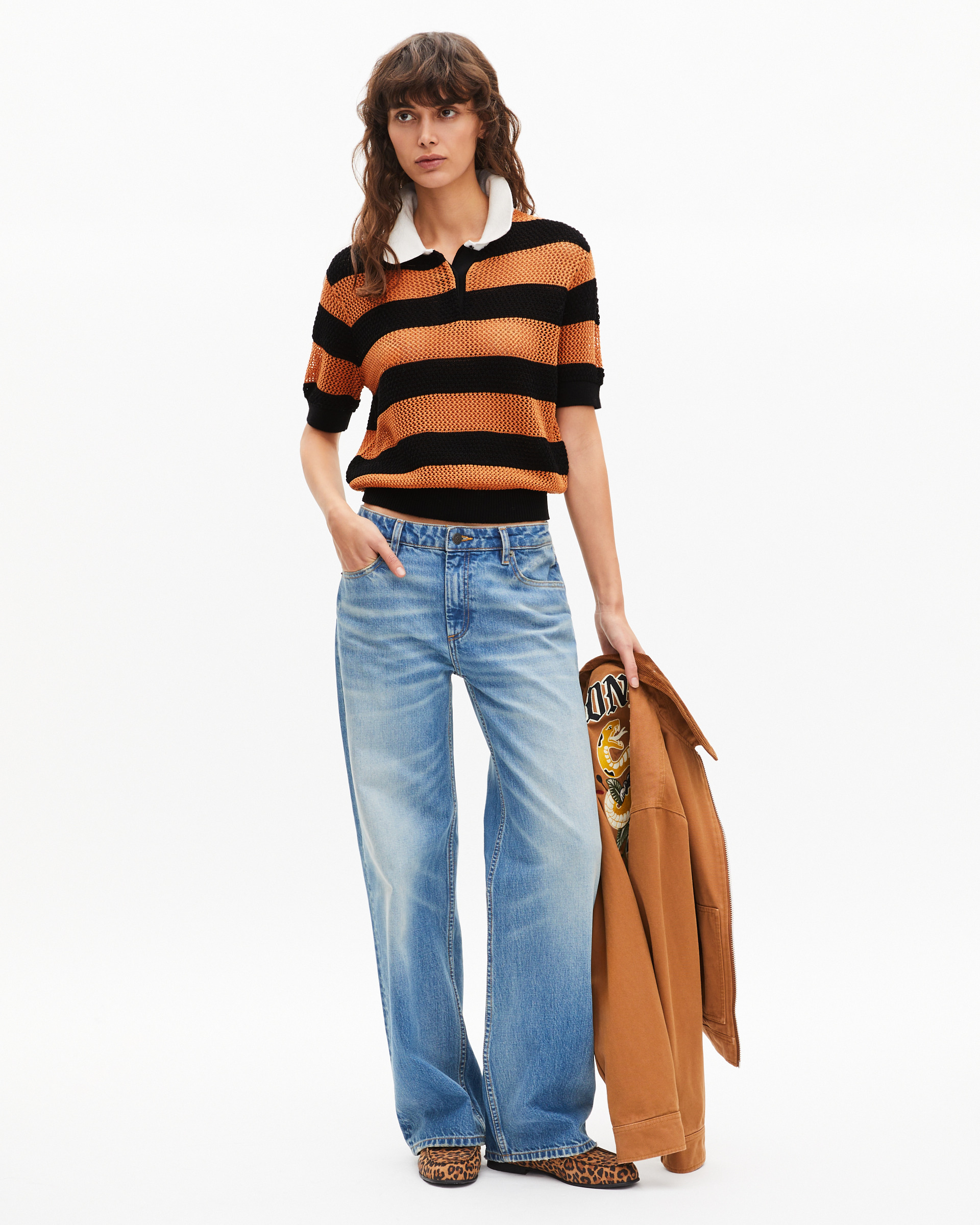 Orange and black striped openwork polo shirt