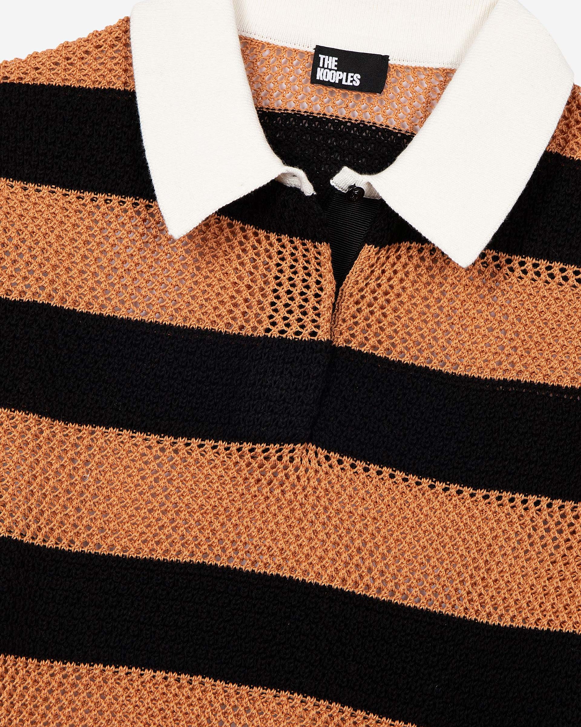 Orange and black striped openwork polo shirt
