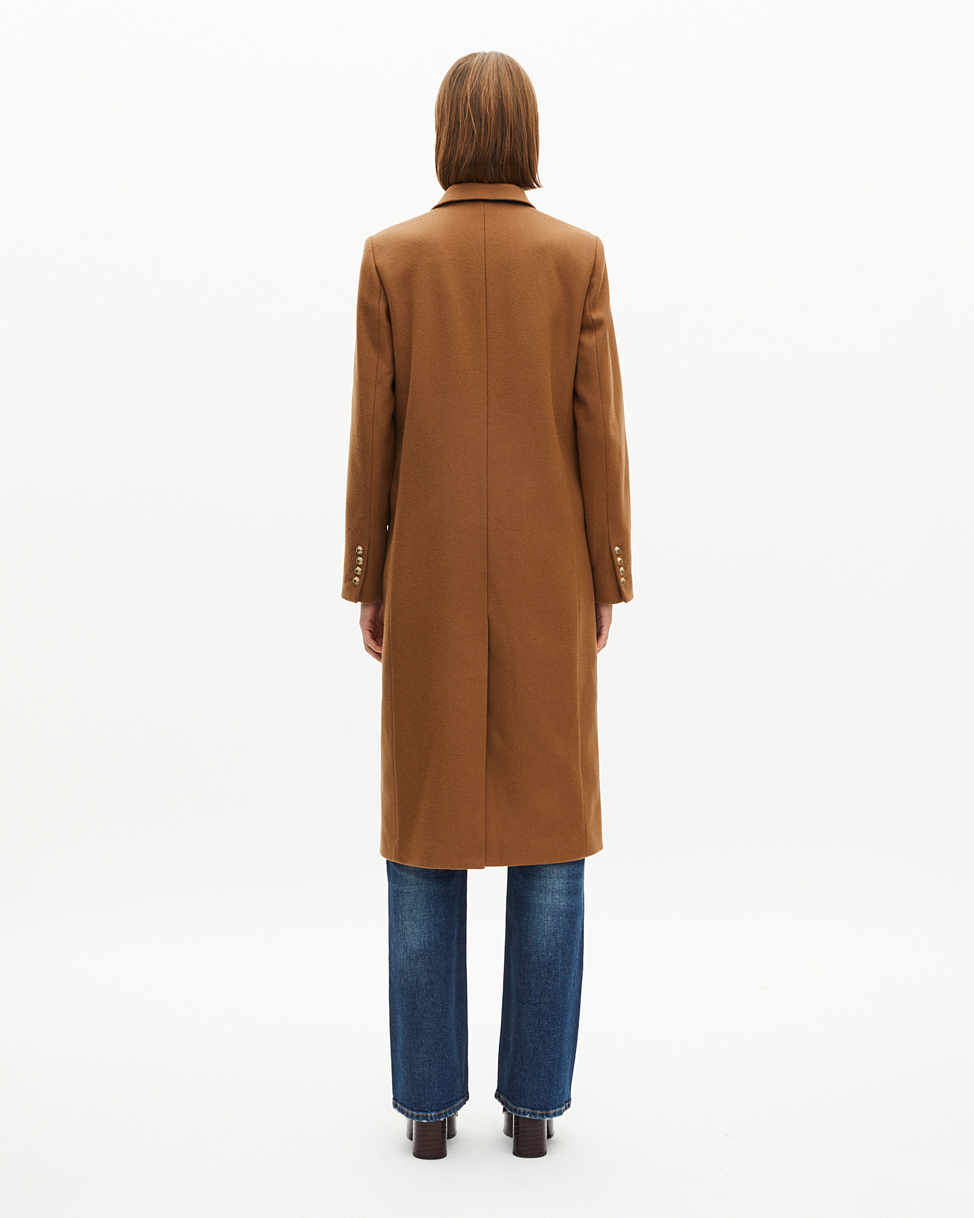 Long double-breasted camel wool coat