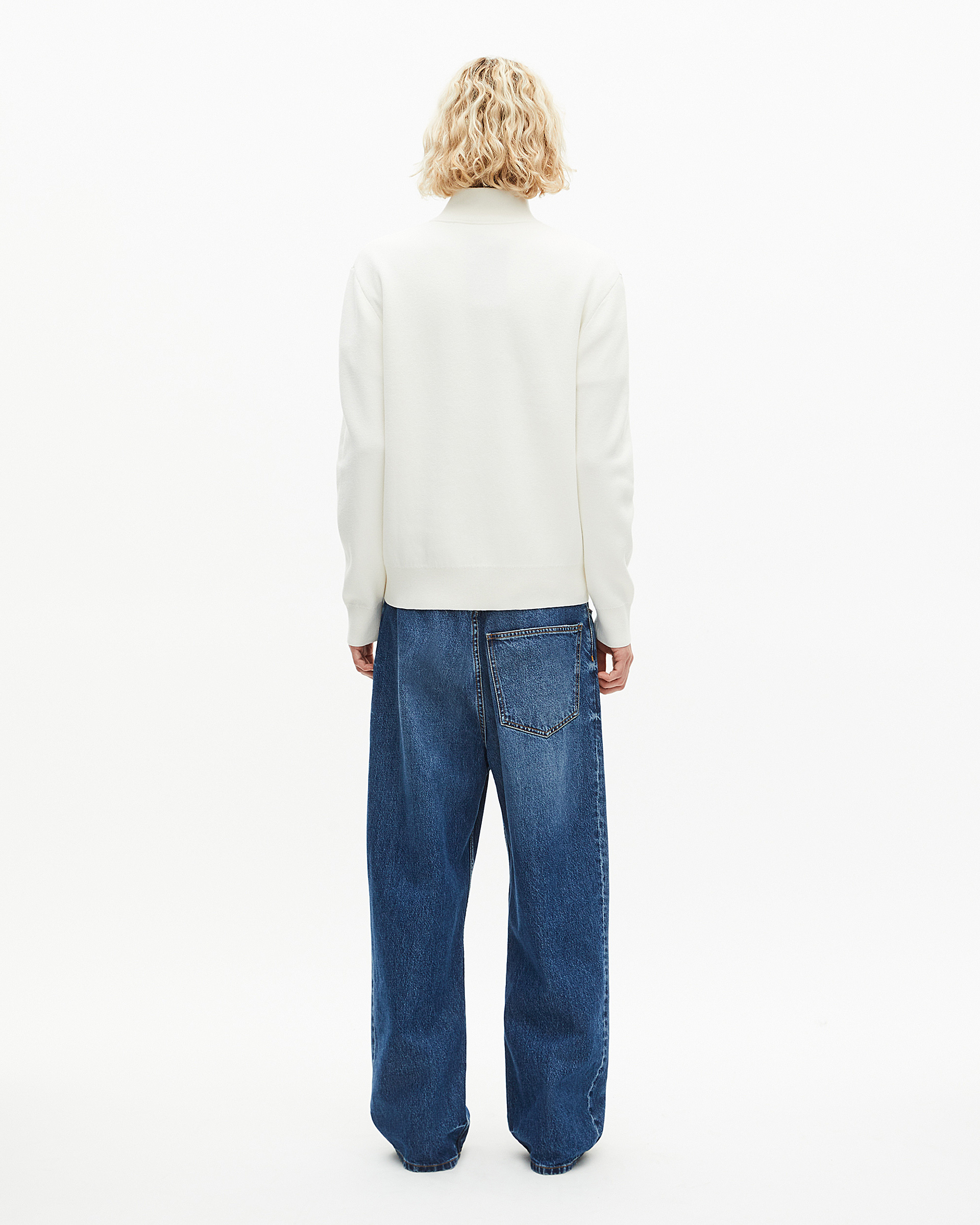 Double-faced ecru wool trucker-neck sweater