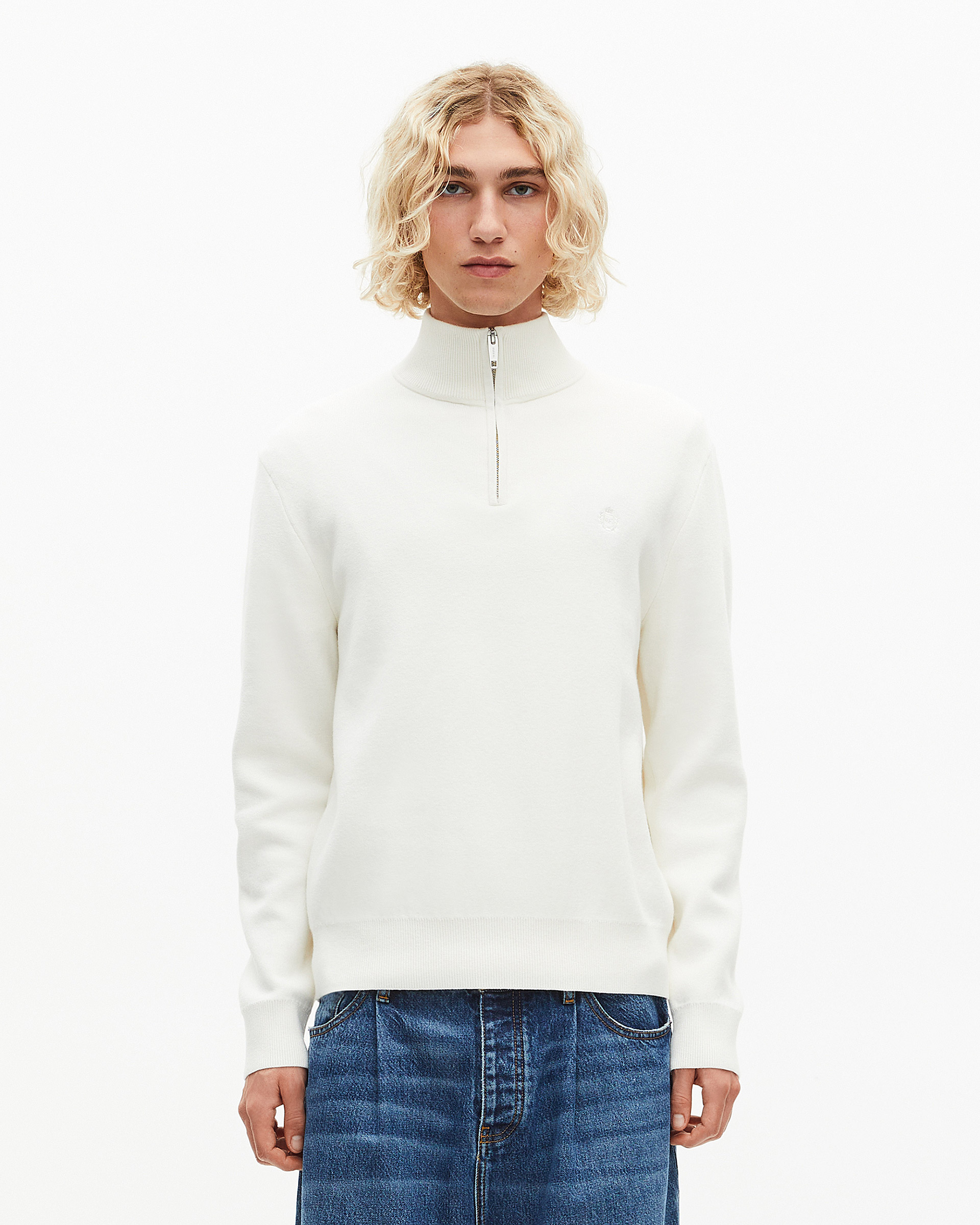 Double-faced ecru wool trucker-neck sweater