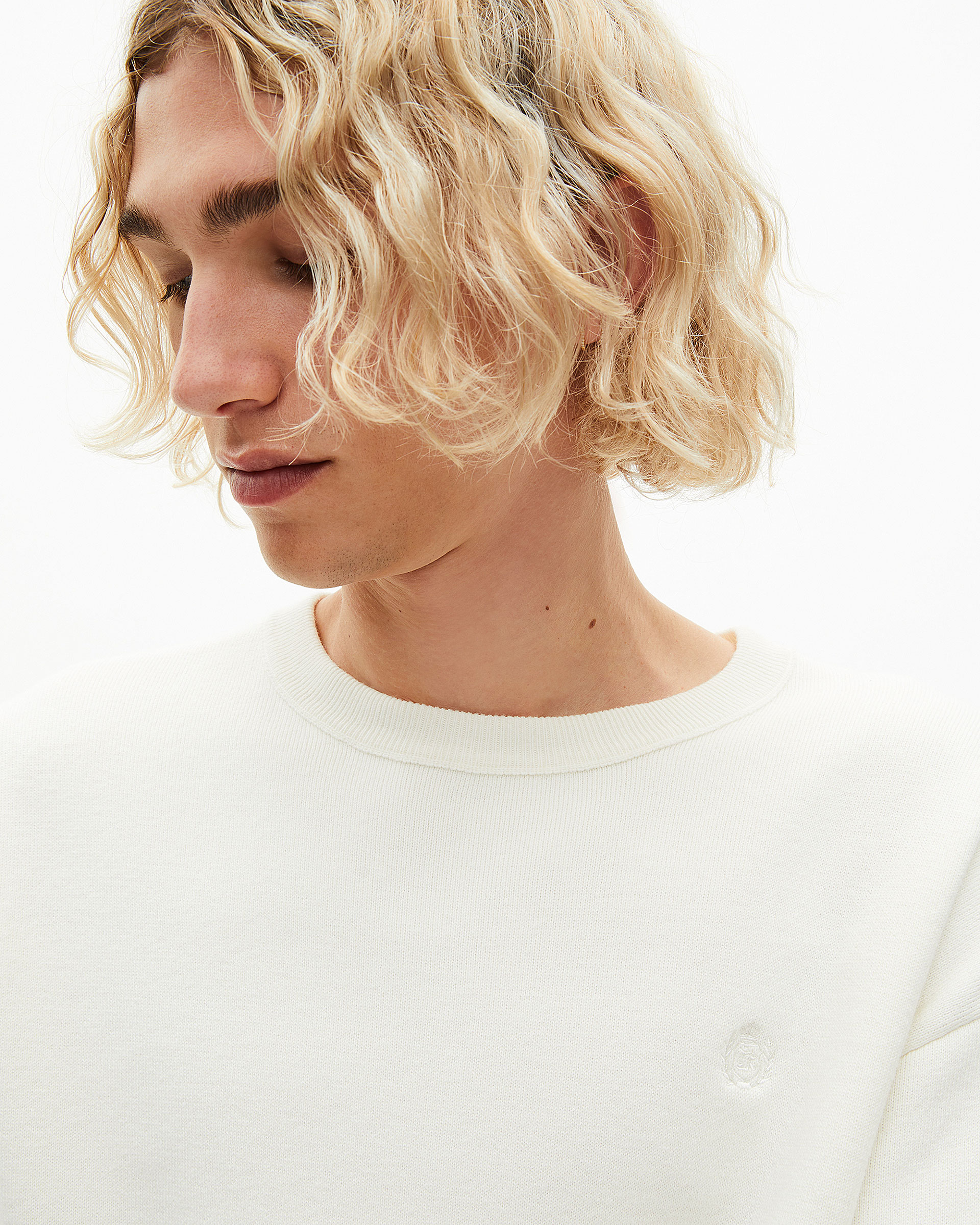 Round-neck double-faced wool sweater ecru