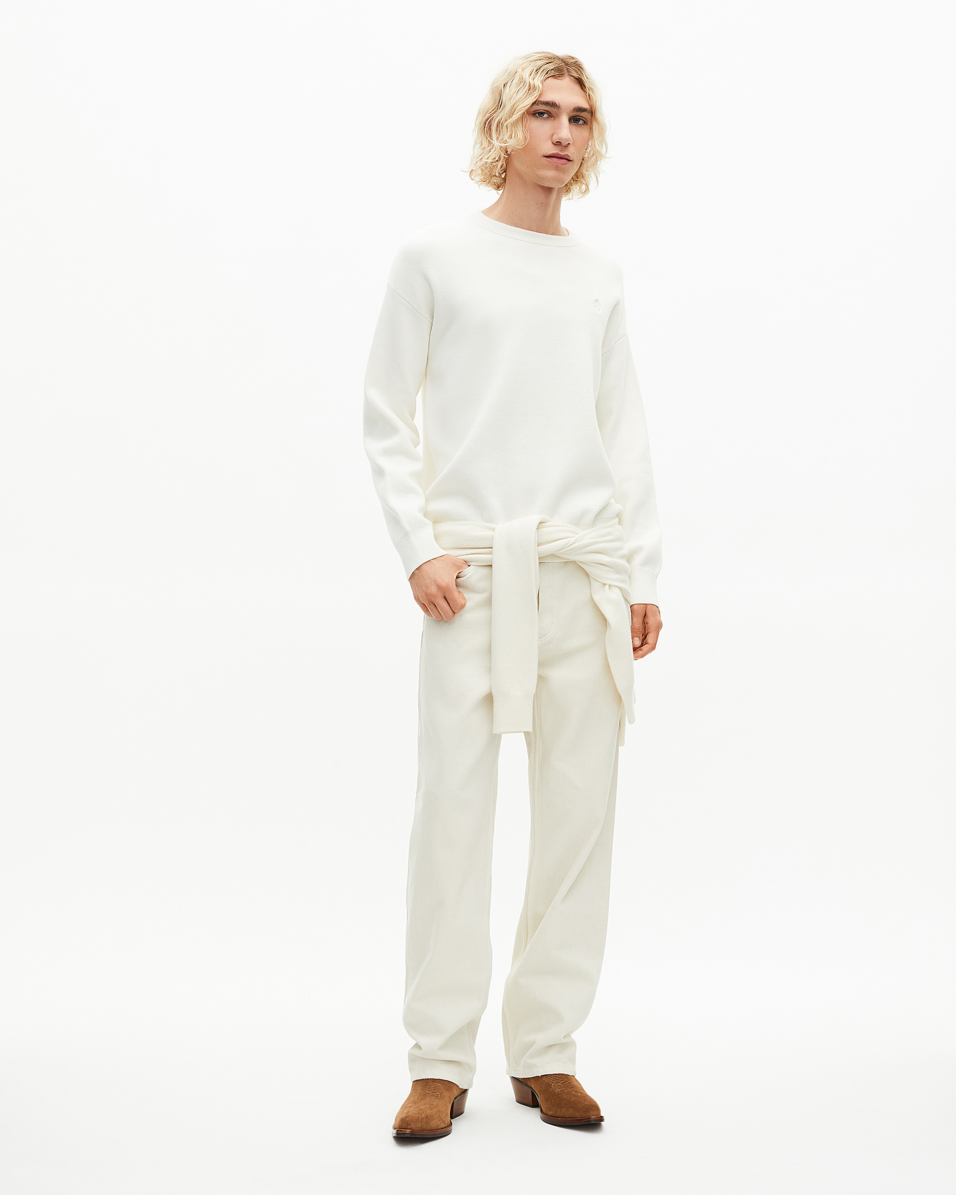Round-neck double-faced wool sweater ecru