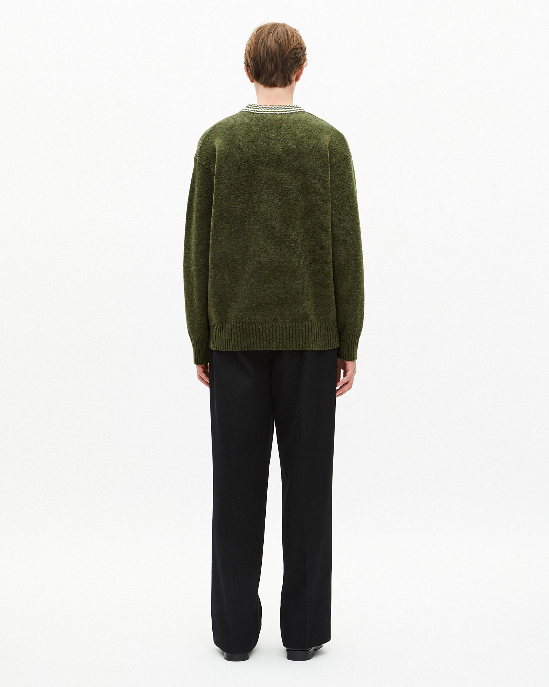 Wool cardigan with khaki contrasting stripes