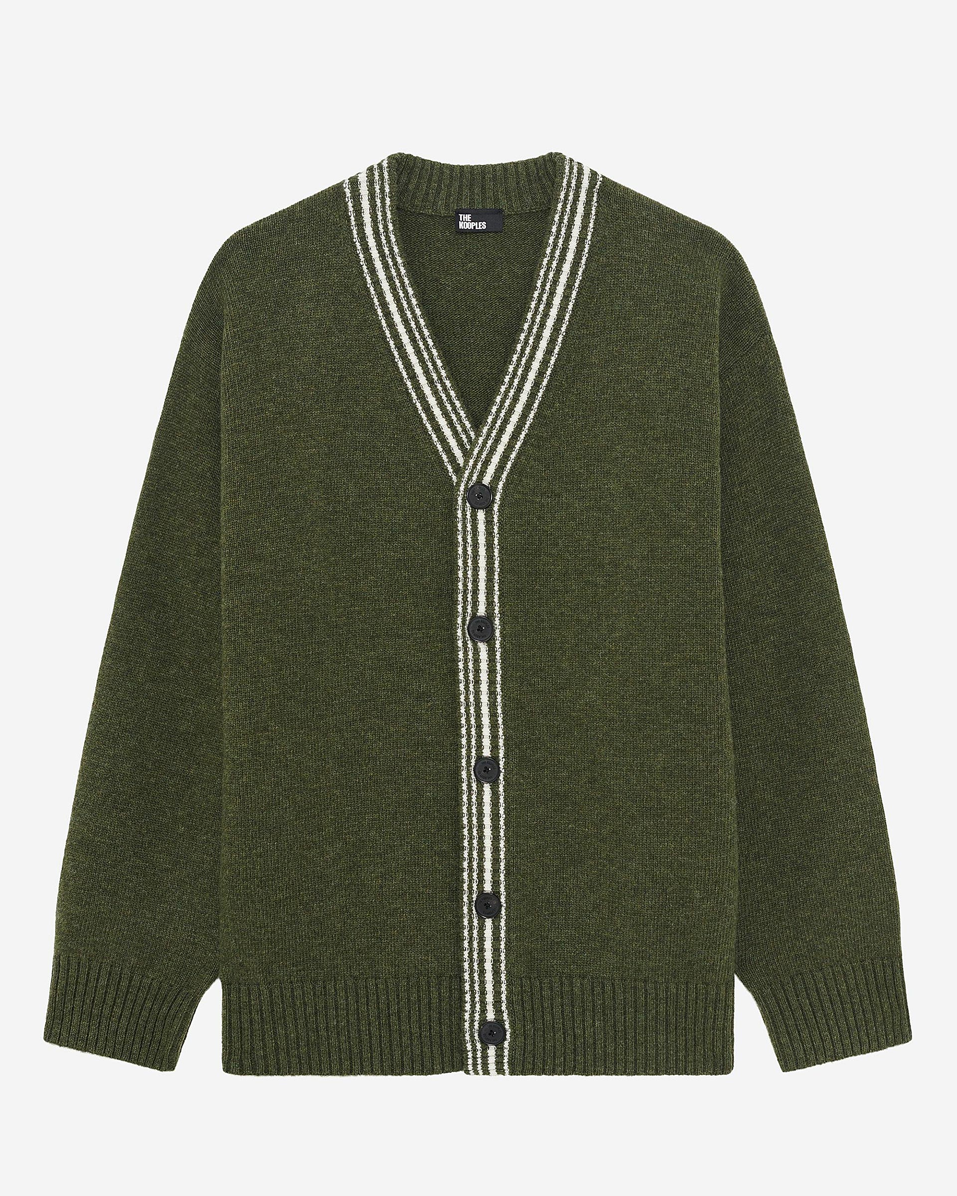 Wool cardigan with khaki contrasting stripes