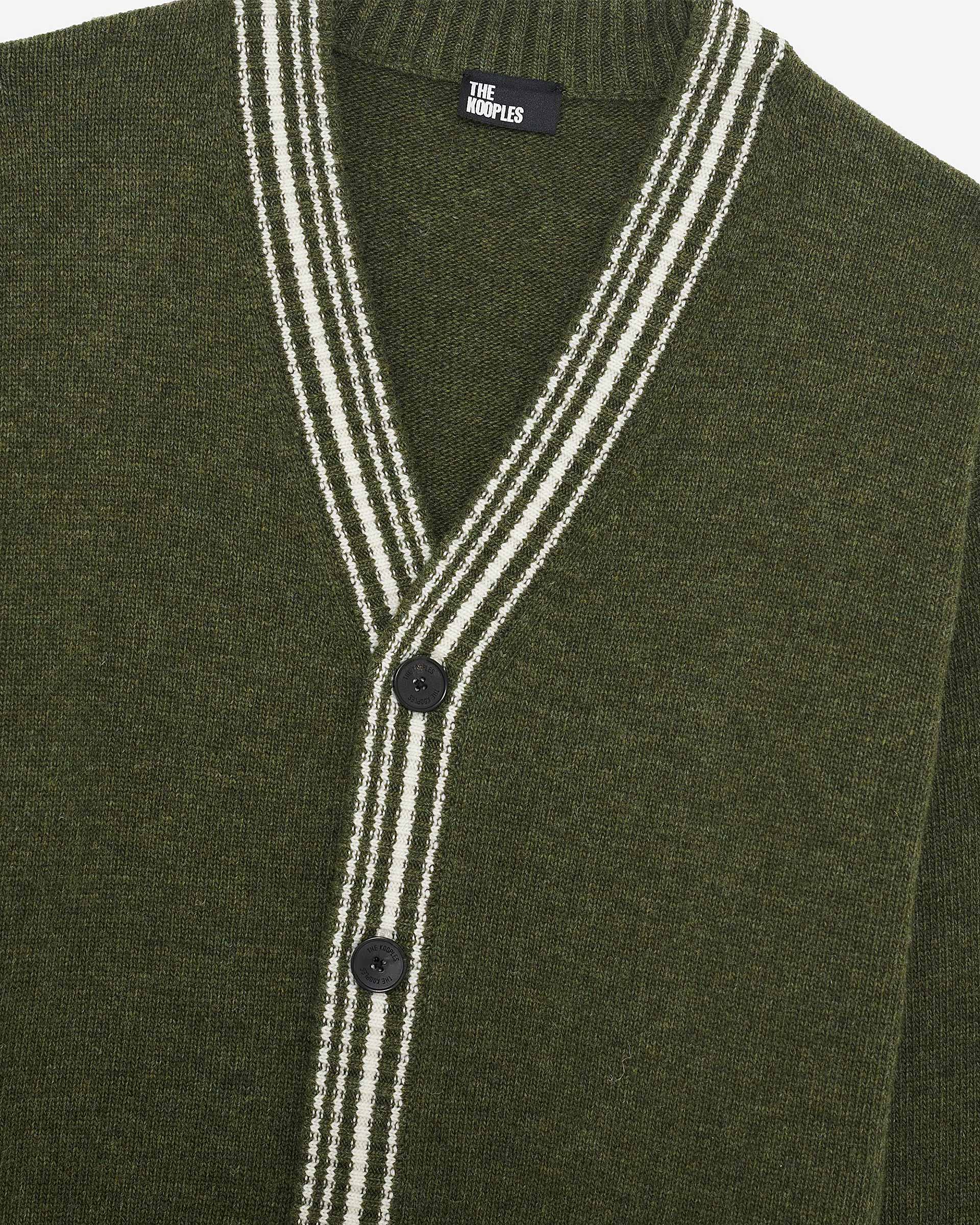 Wool cardigan with khaki contrasting stripes