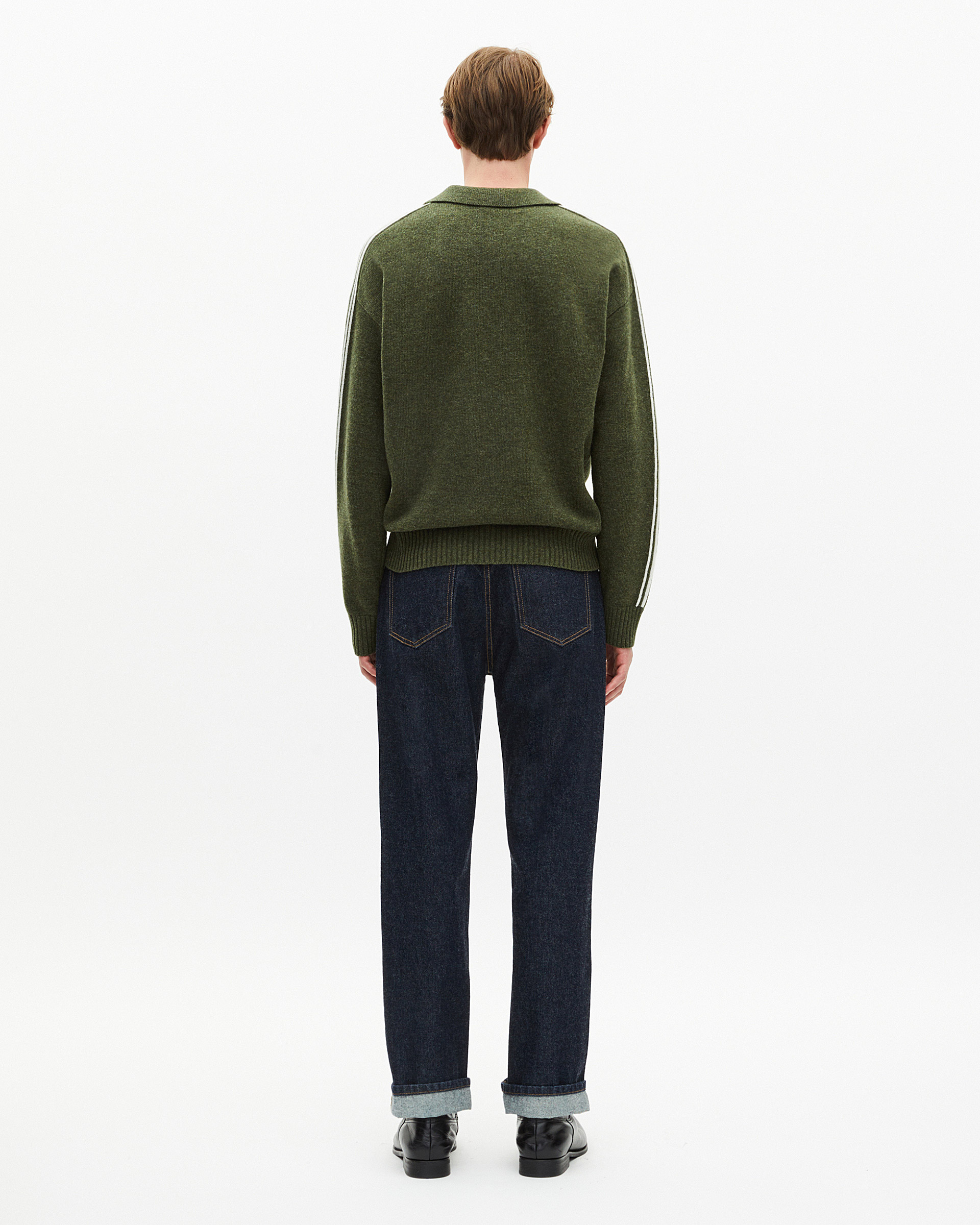 Polo-neck sweater in wool with contrasting khaki stripes