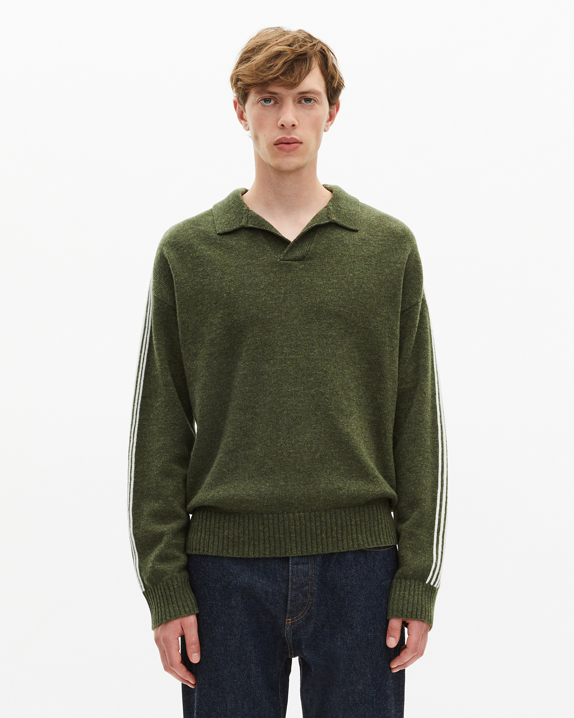 Polo-neck sweater in wool with contrasting khaki stripes