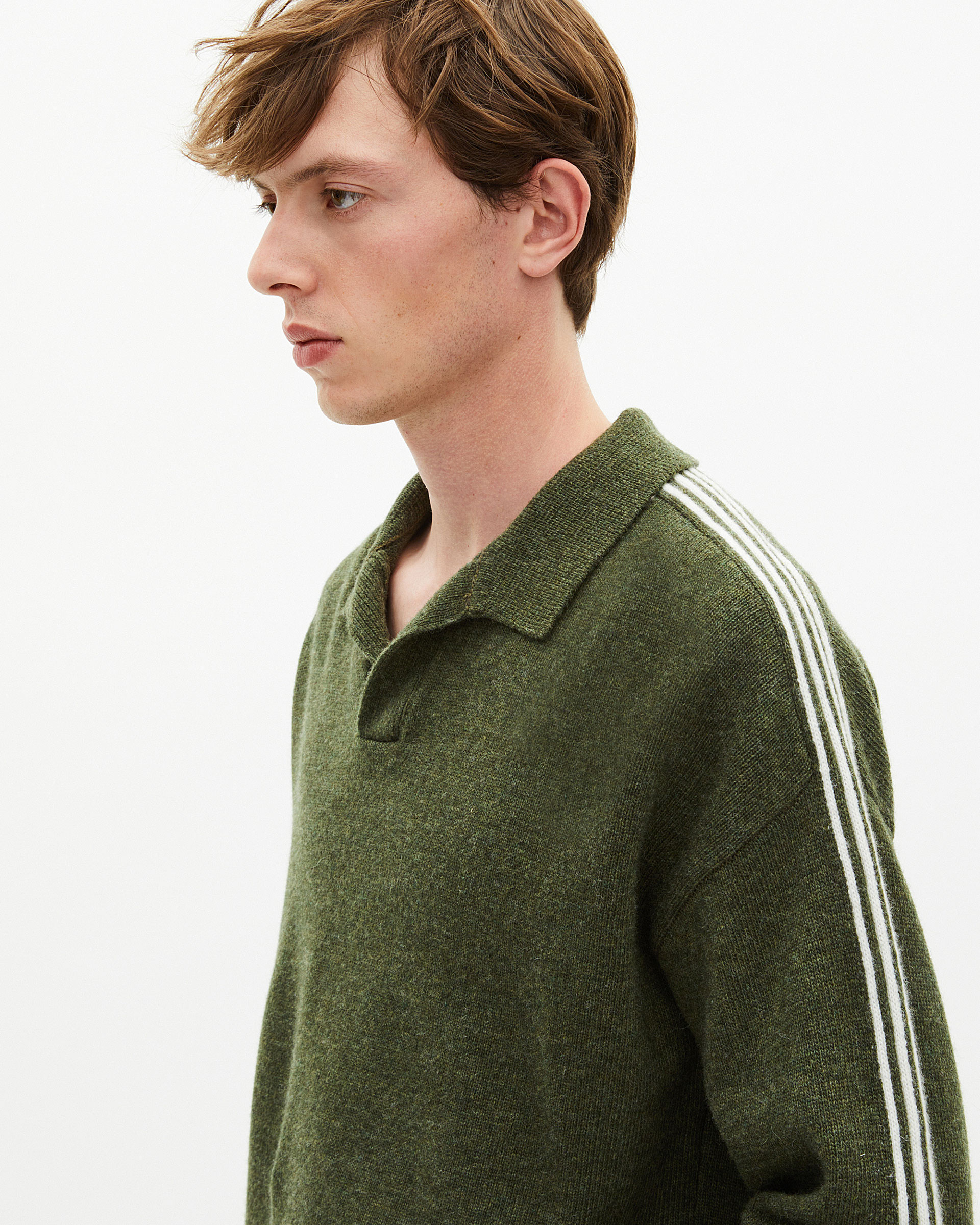 Polo-neck sweater in wool with contrasting khaki stripes