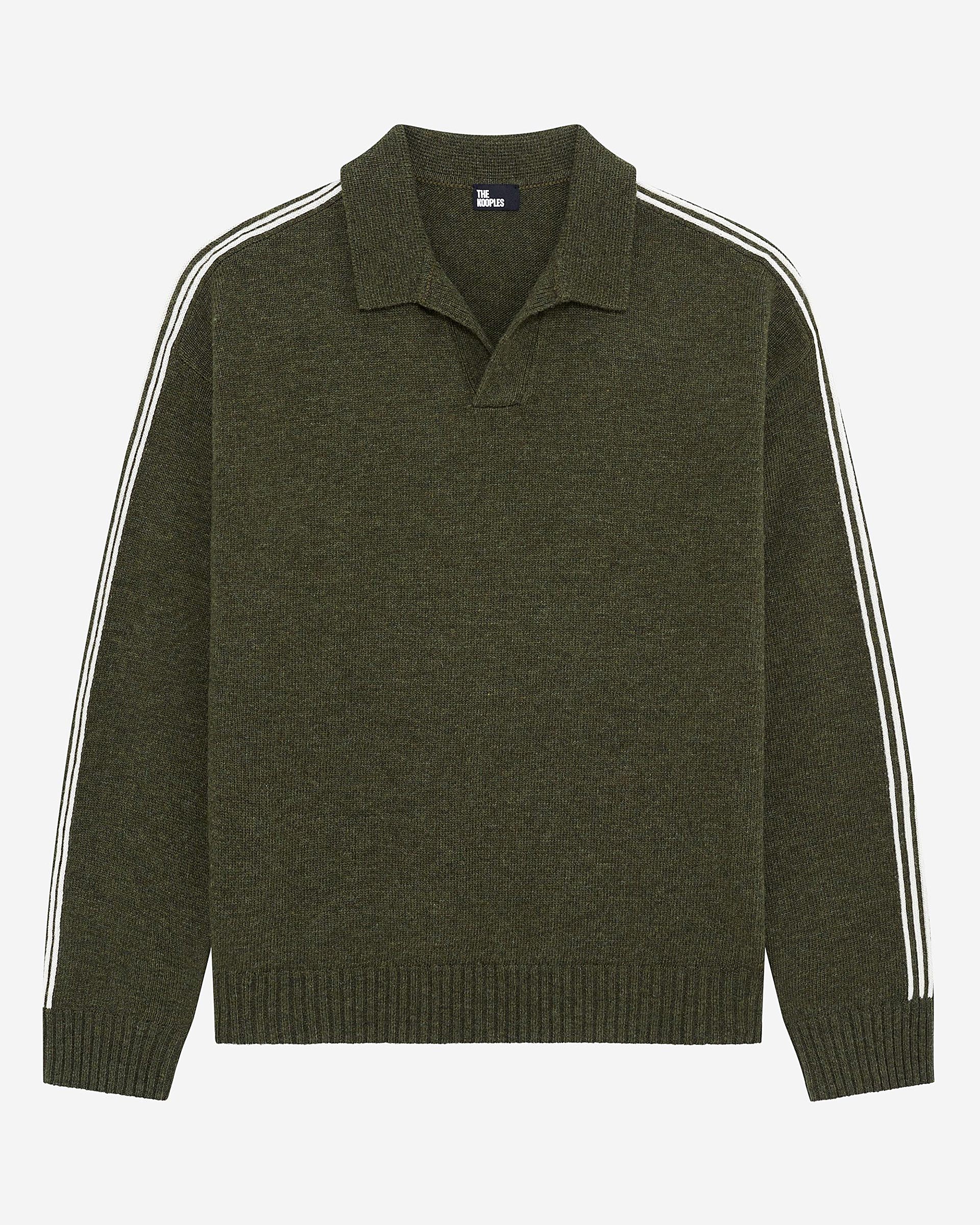 Polo-neck sweater in wool with contrasting khaki stripes