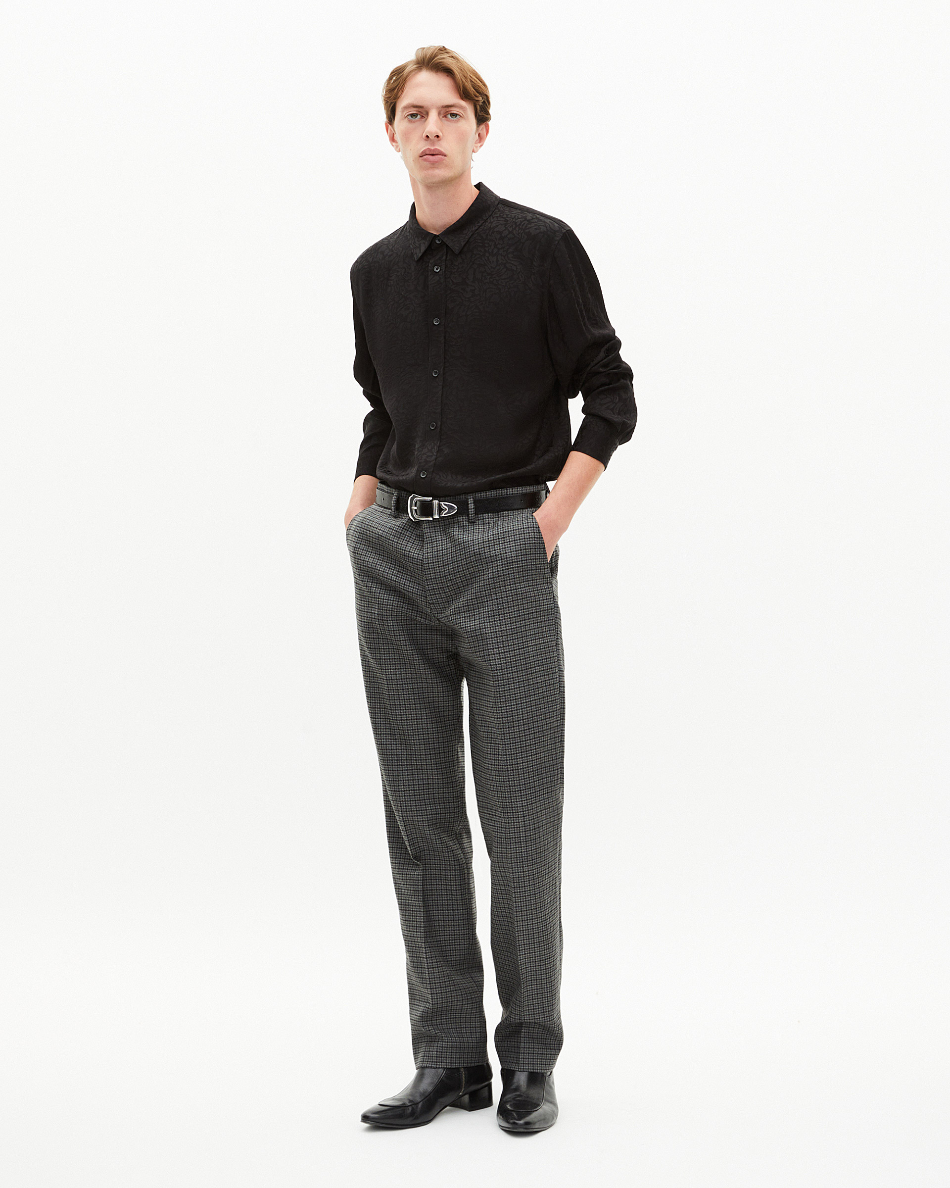 Black and grey houndstooth straight-leg suit pants