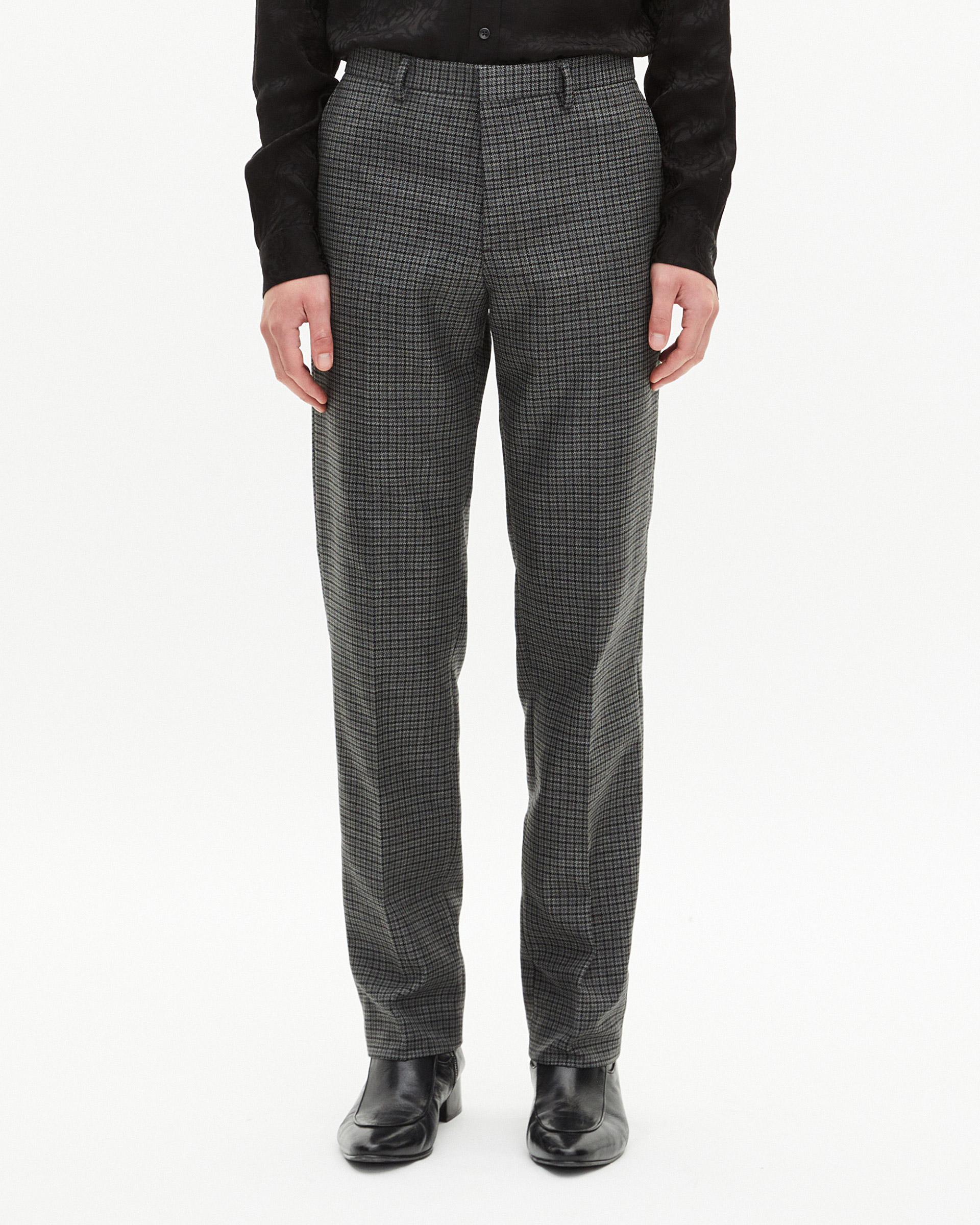 Black and grey houndstooth straight-leg suit pants