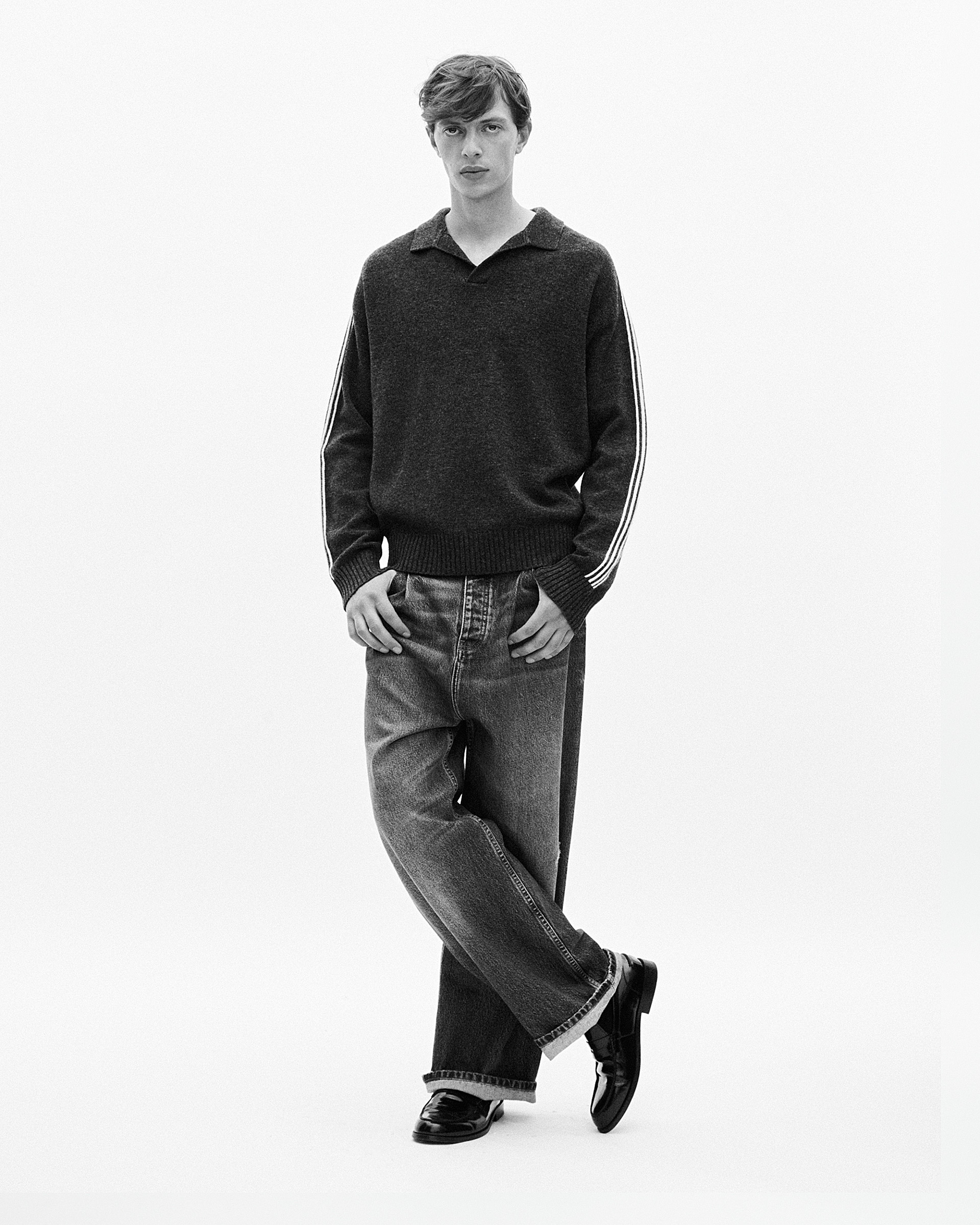 Wool polo-neck sweater with contrasting gray stripes