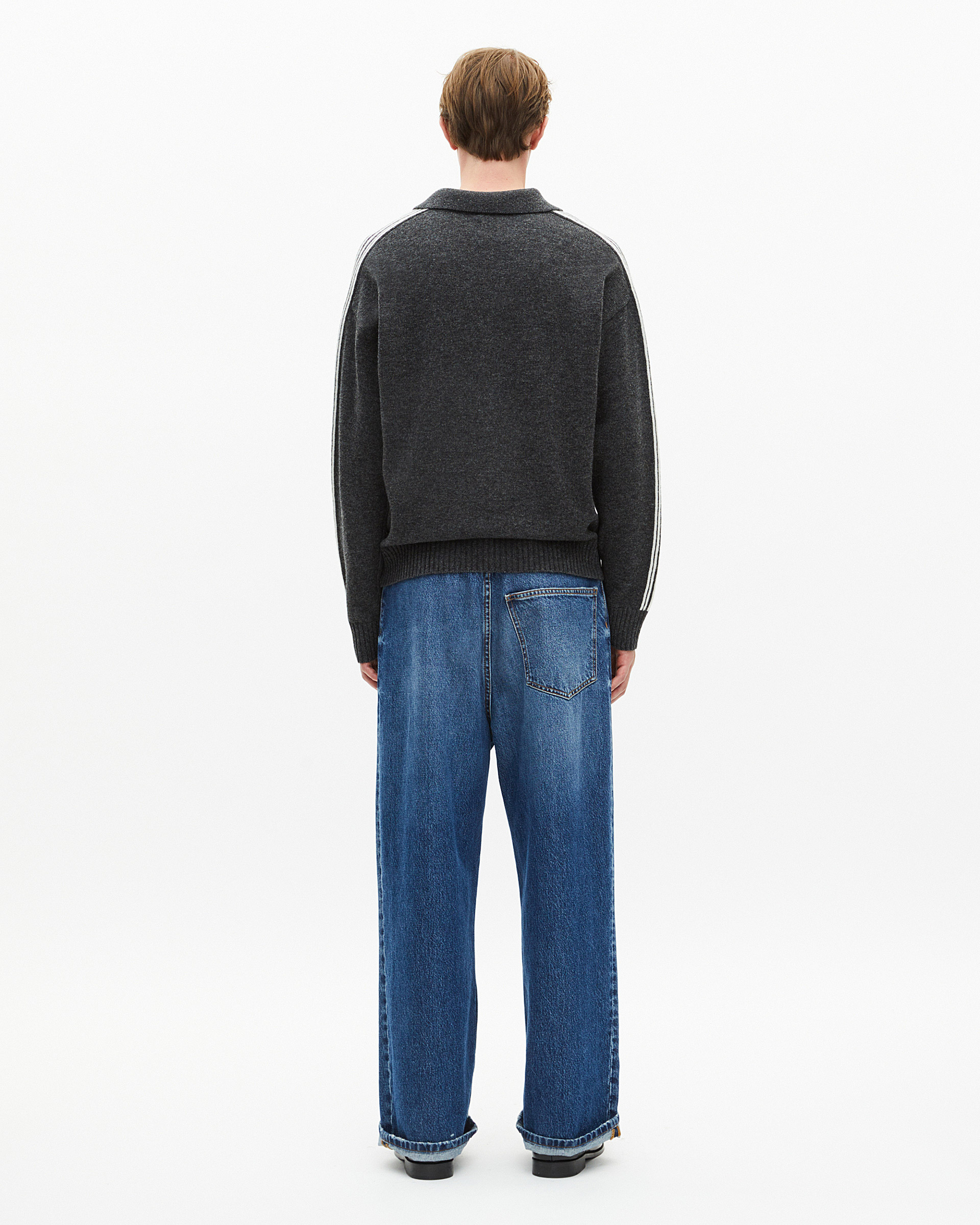 Wool polo-neck sweater with contrasting gray stripes