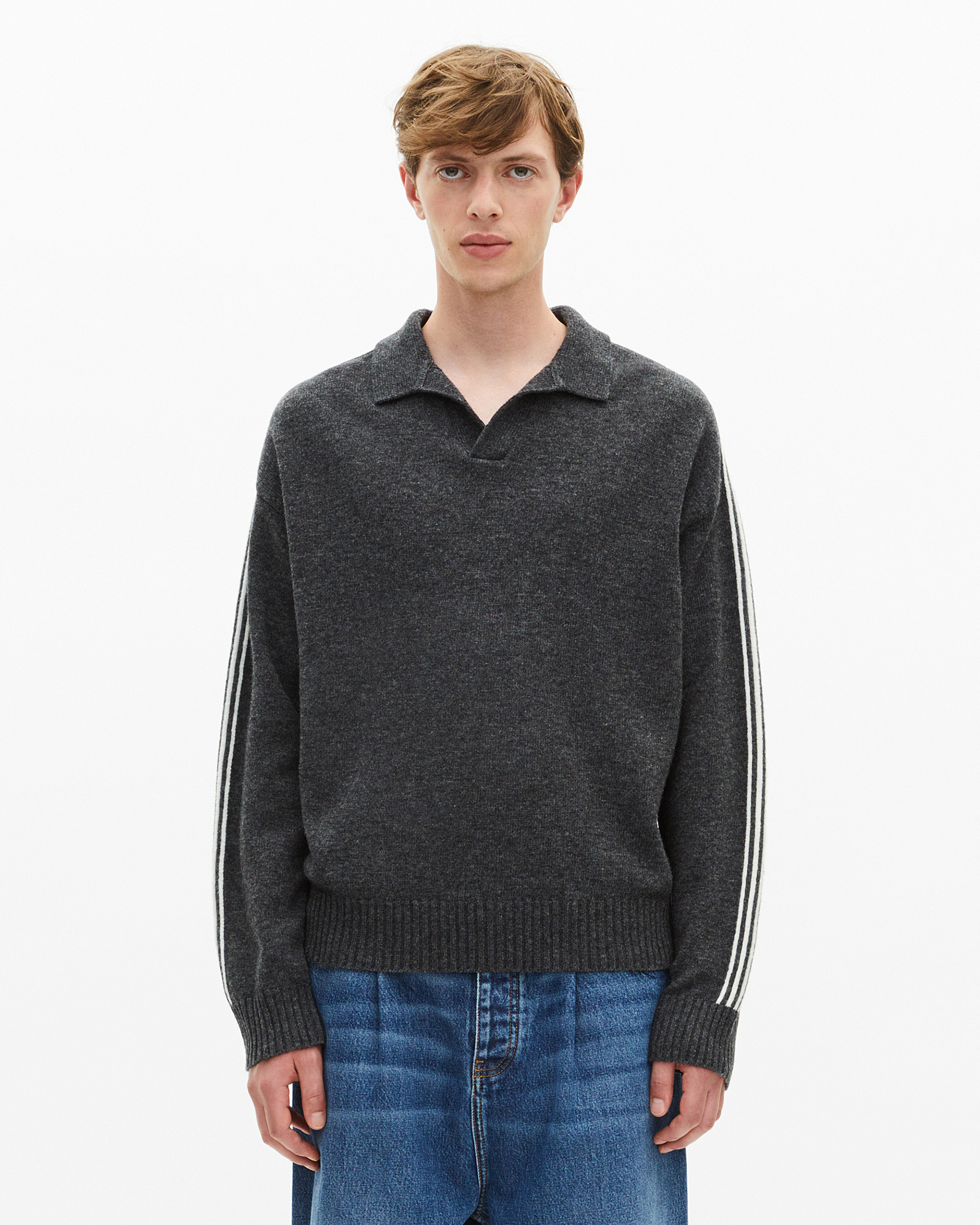 Wool polo-neck sweater with contrasting gray stripes