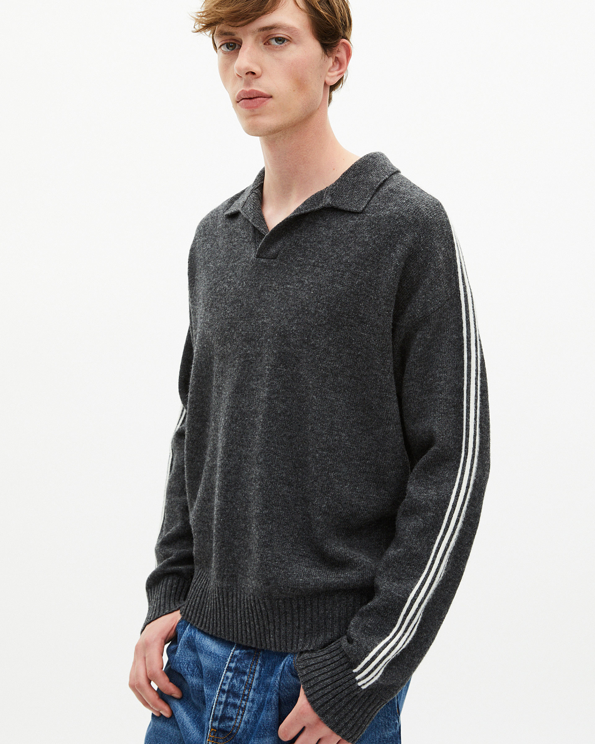 Wool polo-neck sweater with contrasting gray stripes